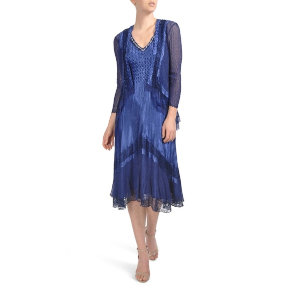 Komarov Beaded Charmeuse & Chiffon Tiered Dress with Jacket